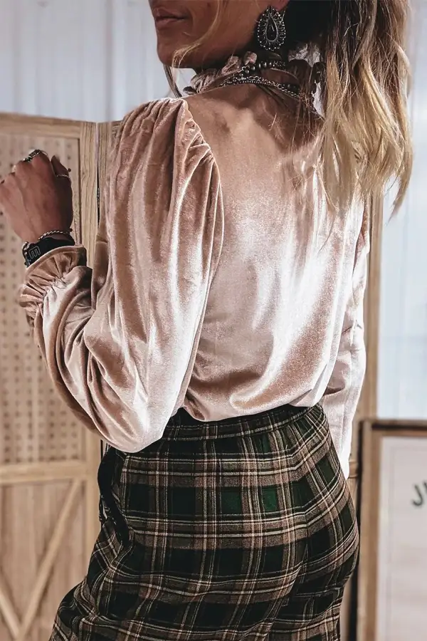Western Print Stand Neck Velvet Stretch Fabric Long Sleeve Top
