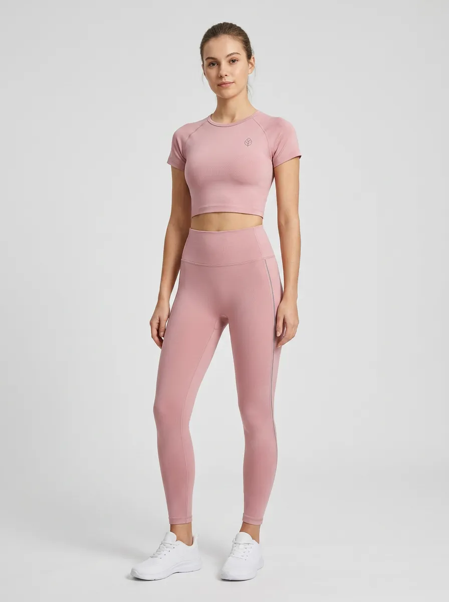 Women's Yoga Fitness Dusty Pink Leaf Logo Printed Sportswear Set
