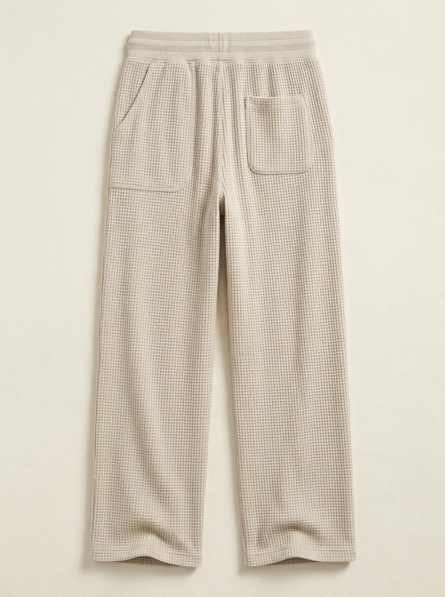 Unisex Casual Beige Waffle Knit Elastic Waist Lounge Pants Everyday Style