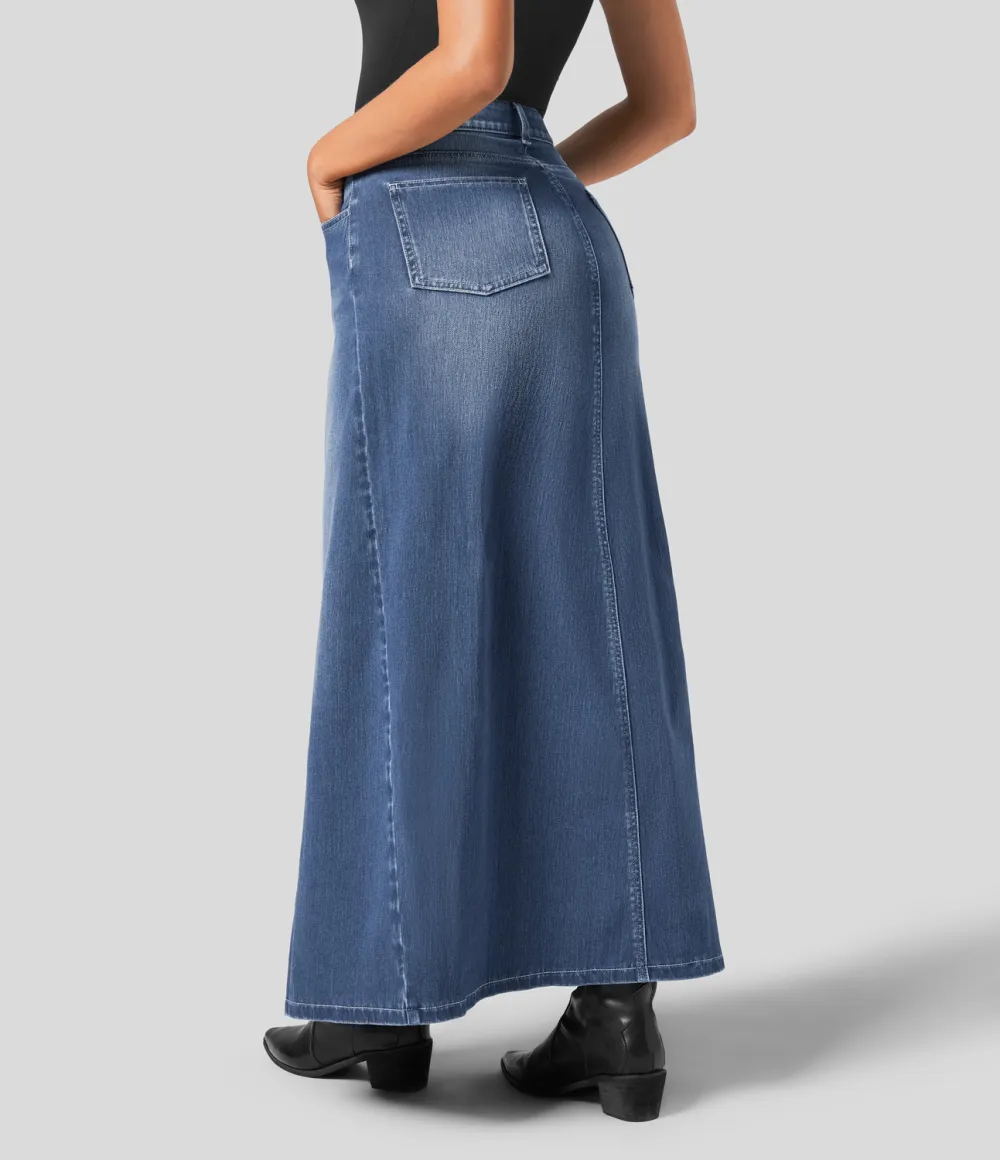 Magic Mid Rise Button Zipper Multiple Pockets Split A Line Stretchy Knit Denim Maxi Casual Skirt
