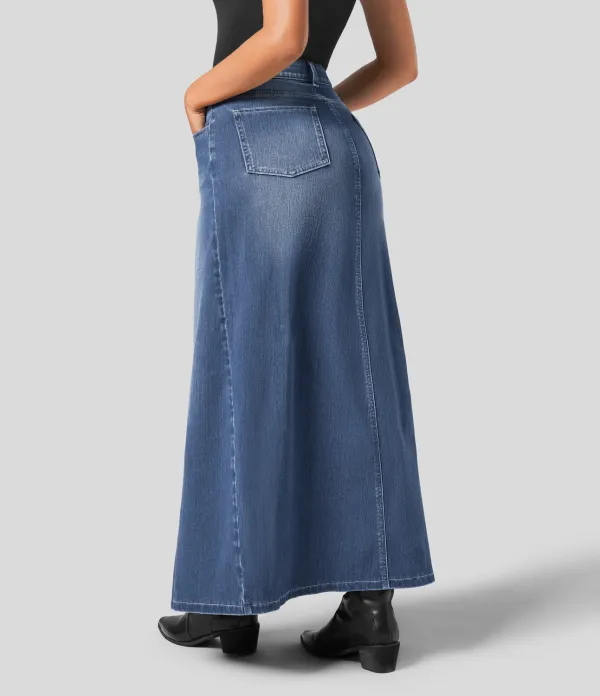 Magic Mid Rise Button Zipper Multiple Pockets Split A Line Stretchy Knit Denim Maxi Casual Skirt