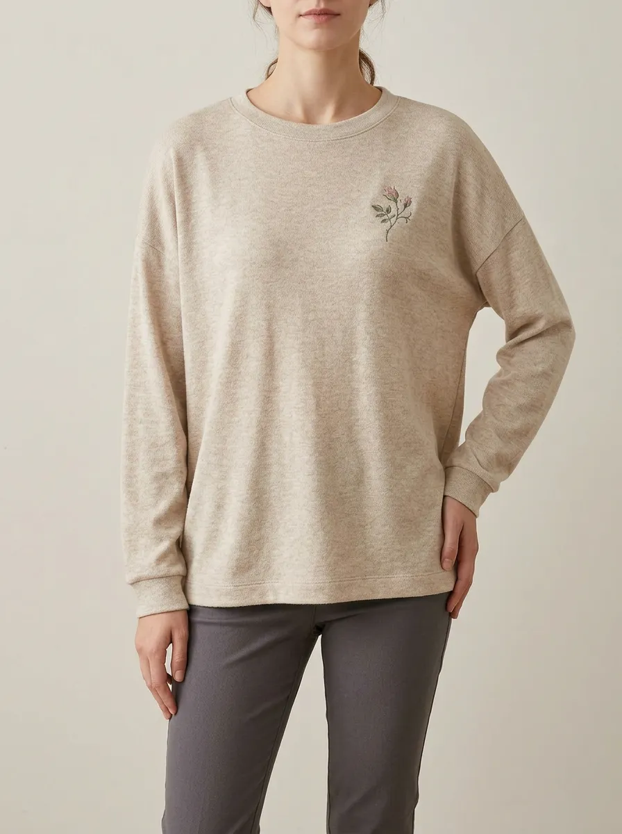 Women's Embroidered Rose Crew-Neck Pullover