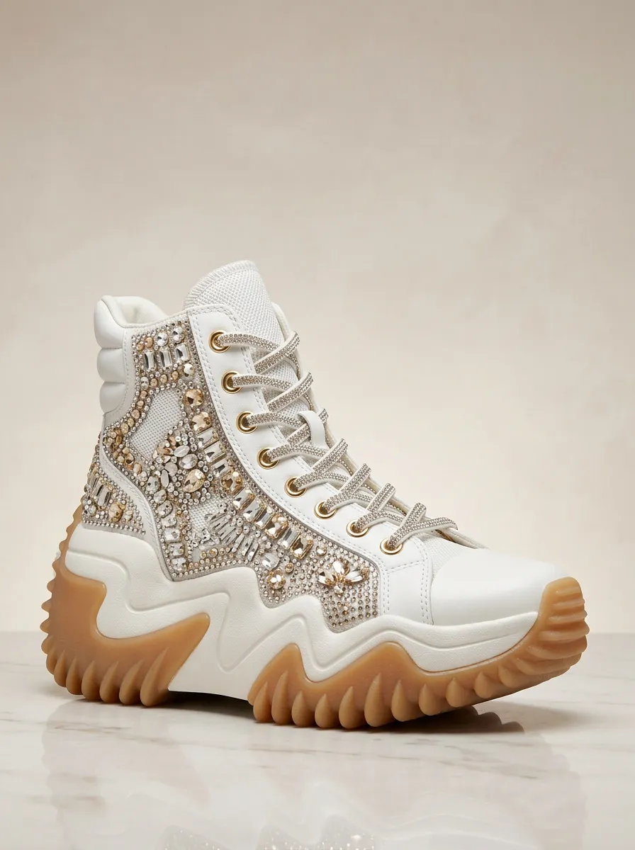 Lace-Detail Mesh Lace-Up Women's Rhinestone Platform Shoes
