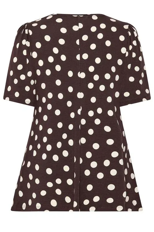 Chocolate Brown Polka Dot Pleated Front Top