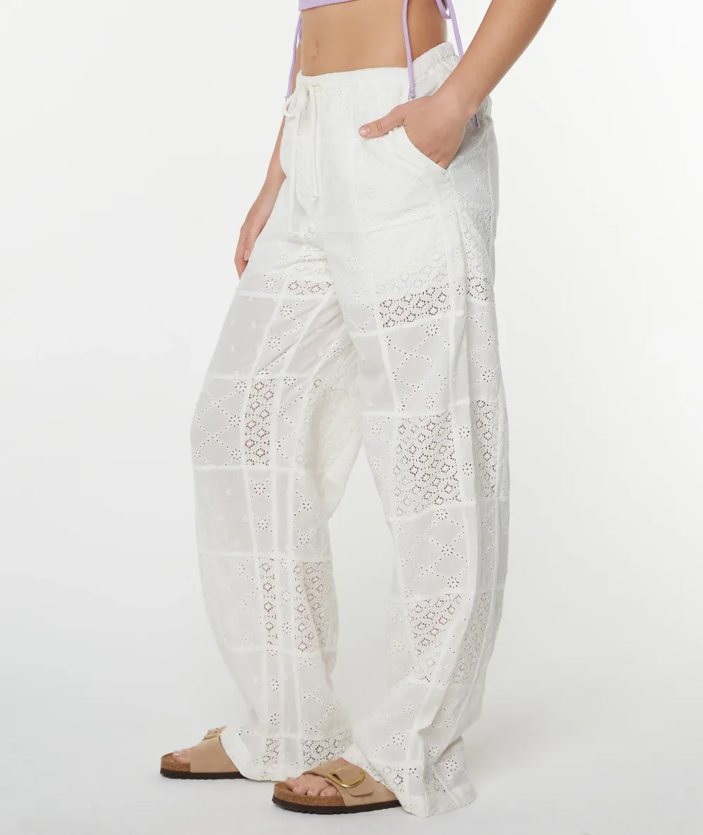 White Semi-Transparent Denim And Ice Silk Patchwork Long Pants