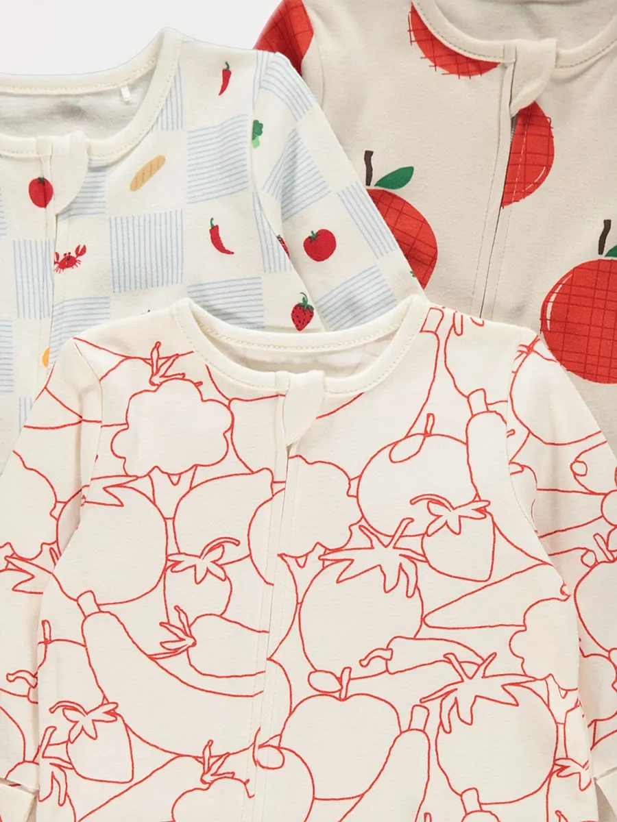 Apple Fruit Zip Fasten Sleepsuits 3 Pack