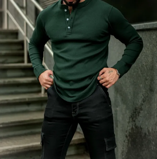 Dark Green Long Sleeve Henley Casual Shirt