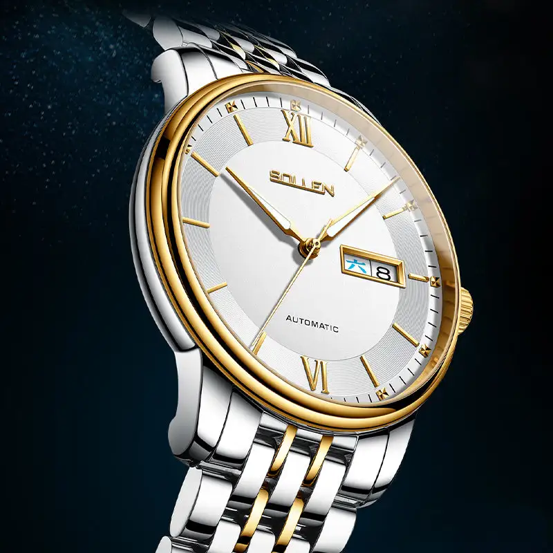Sollen 9050 Automatic Watch - Men's Dual Calendar Sunray Dial 9-Bead Stainless Steel Bracelet Wristwatch