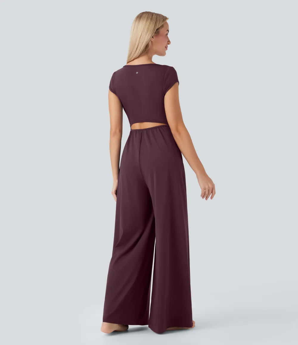 SoftlyZero Airy Short Sleeve Wide Leg Cool Touch Yoga Jumpsuit with Pockets-Easy Peezy Edition