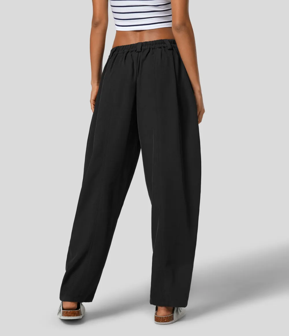 Mid Rise Plicated Side Pocket Barrel Leg Work Pants