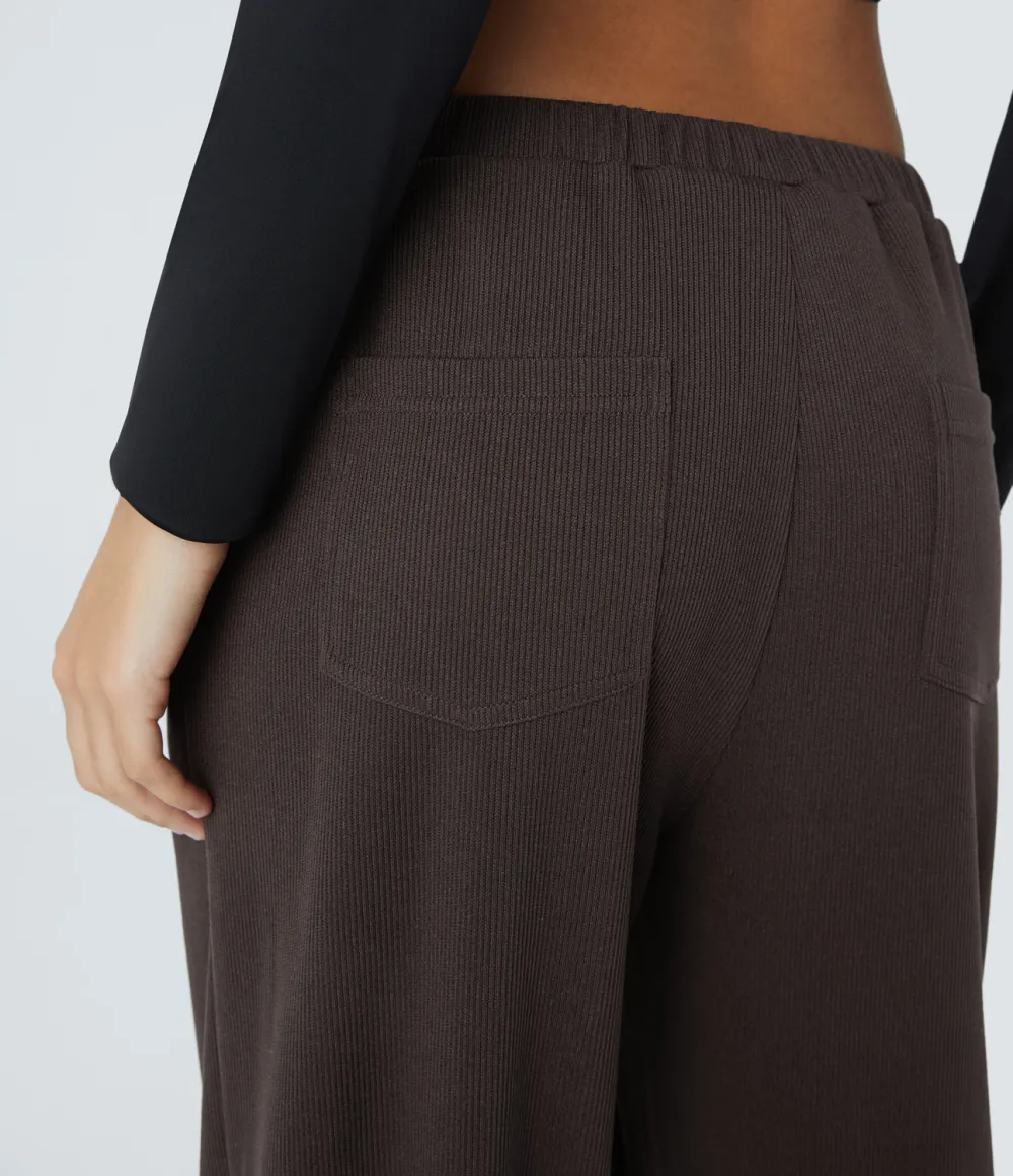 Ribbed Mid Low Rise Inside Drawstring Multiple Pockets Wide Leg Casual Pants