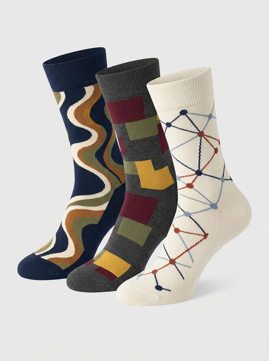Men's Geometric Abstract Art Printed Three Pack Socks Relaxed Design