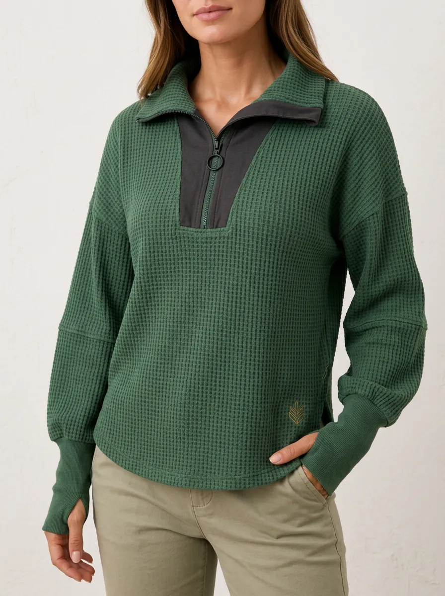 Versatile Daily Waffle Knit Quarter Zip Pullover Top