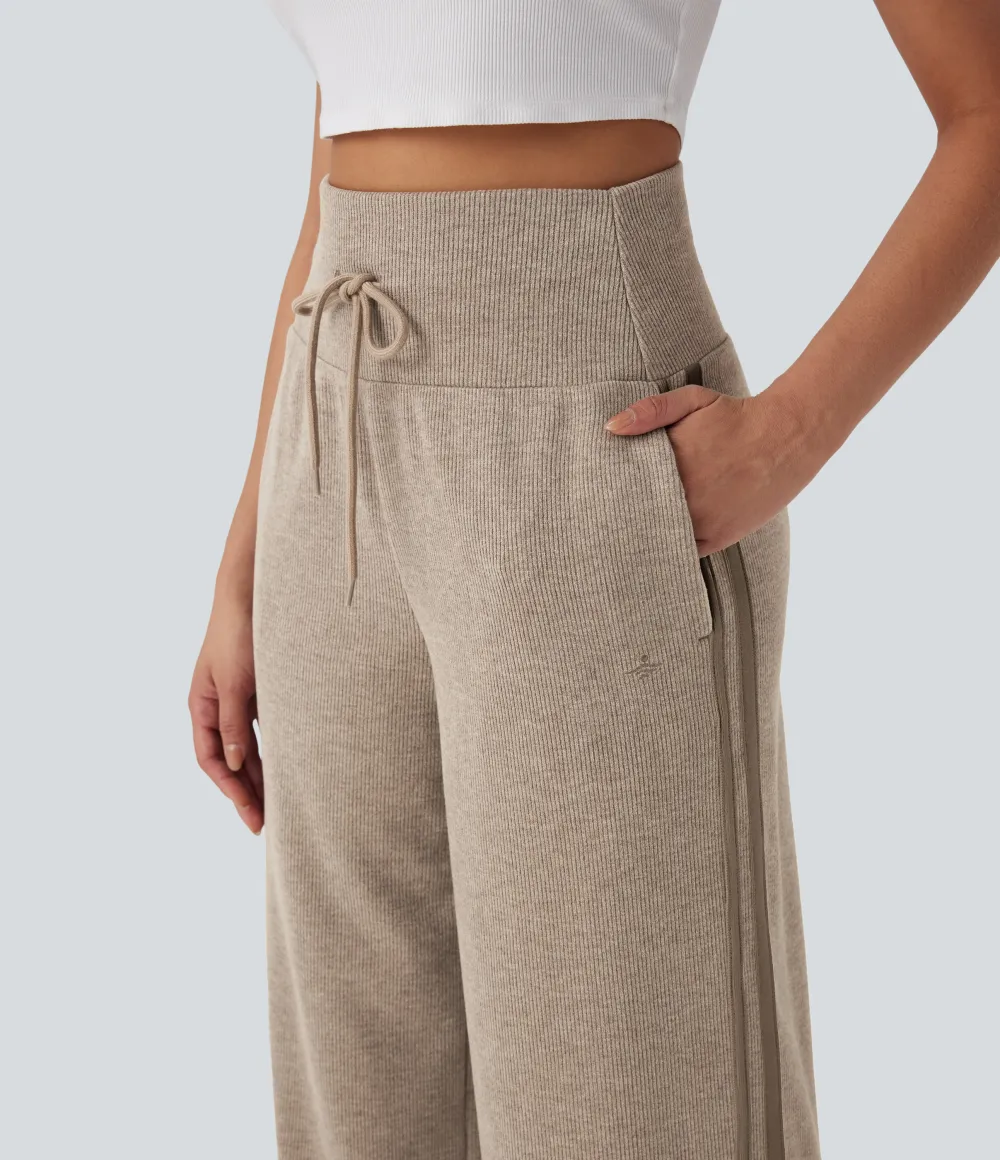2026🔥  Ribbed SoCinched High Waisted Tummy Control Drawstring Wide Leg Color Block Casual Trousers with Pockets