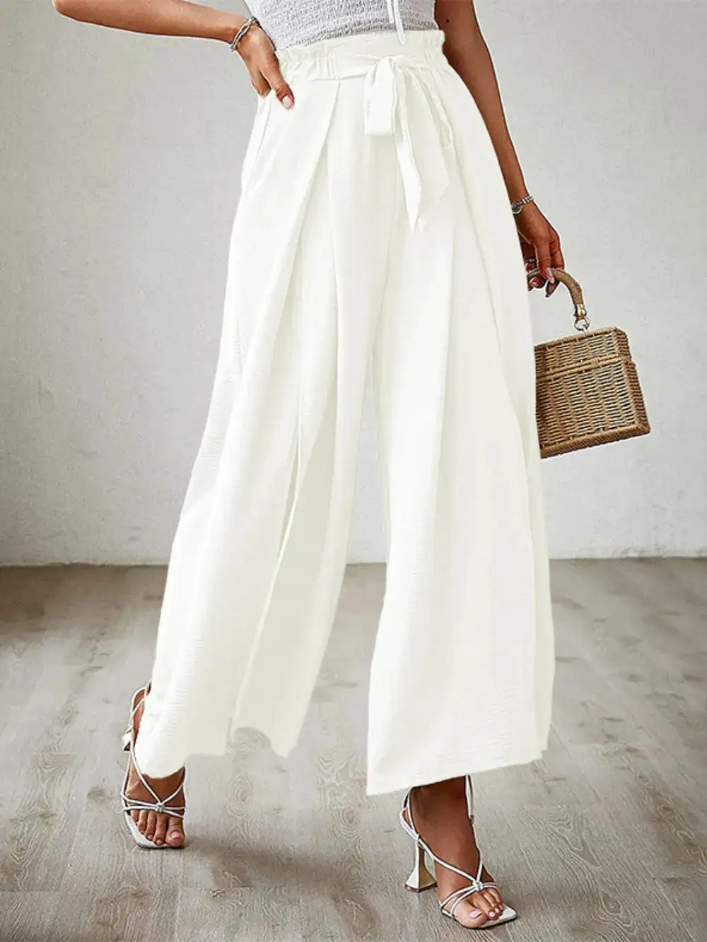 Wide Leg Tie Waist Slit Detail Everyday Pants