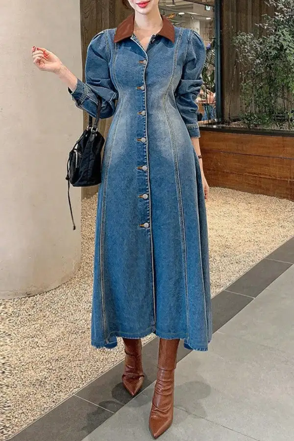 Patchwork Gradient Denim Single-Breasted Midi Dress
