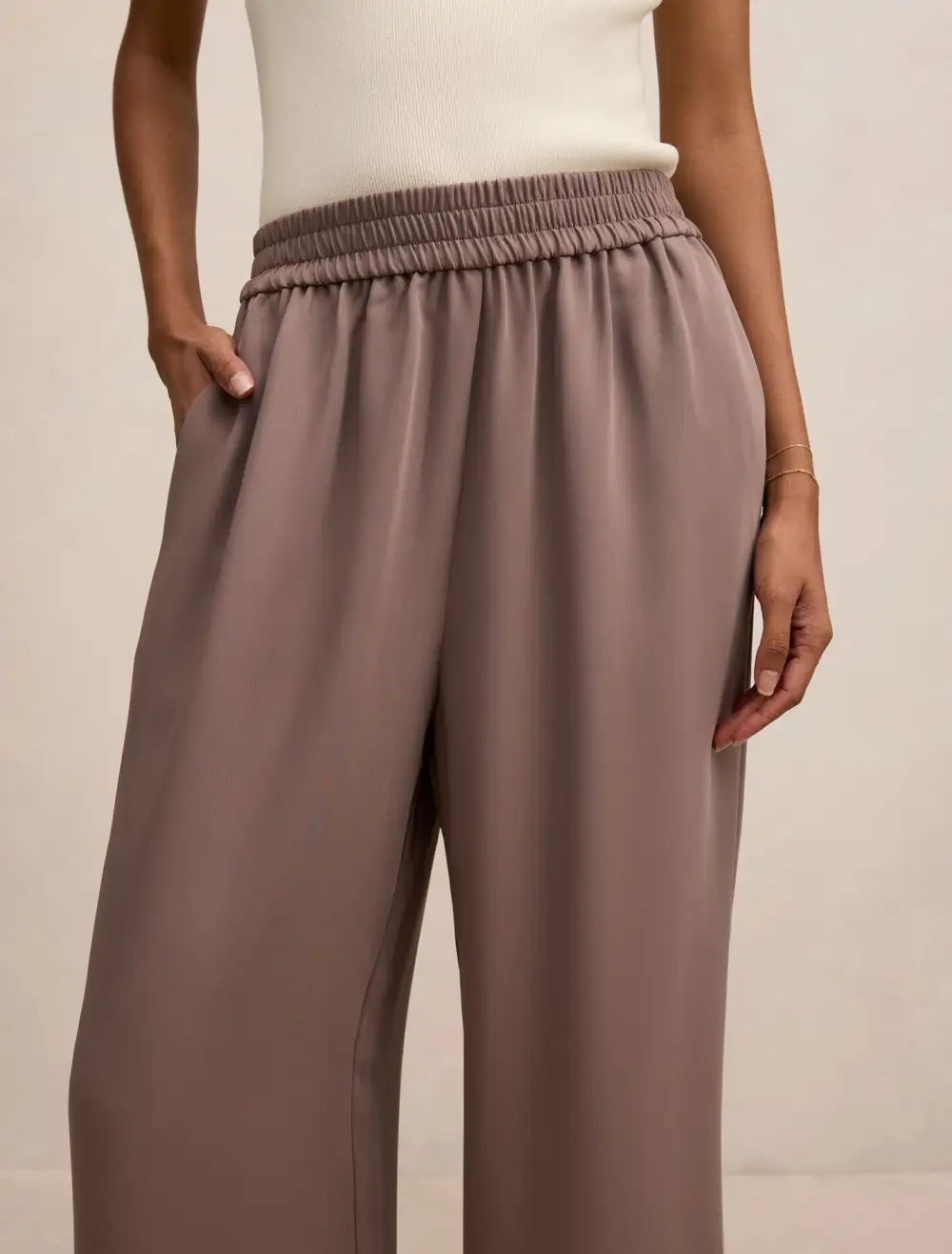 Light Taupe Petite Elastic Waist Pants