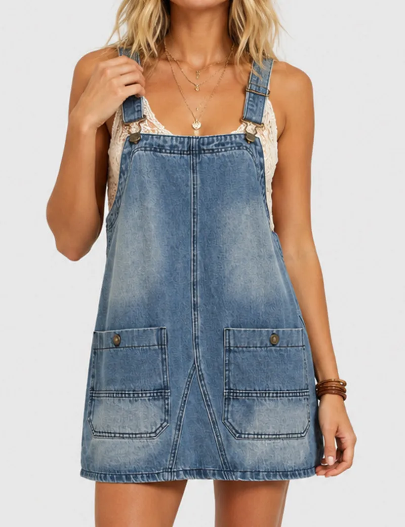 Pocket Denim Mini Overall Dress
