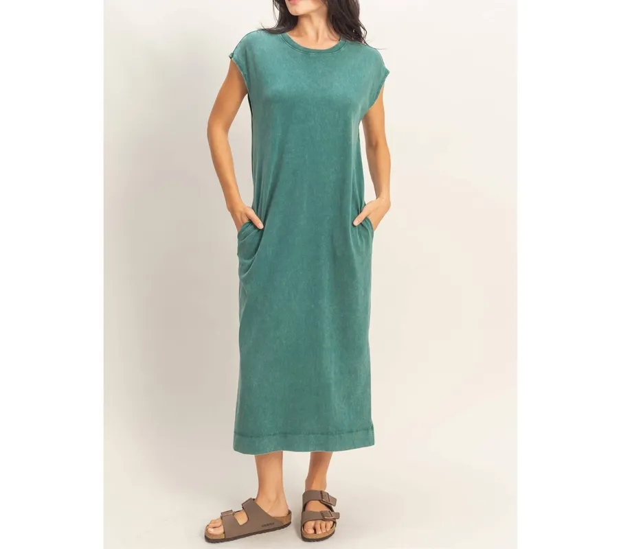 Chocolate Mineral-Wash Cap Sleeve Midi Dress