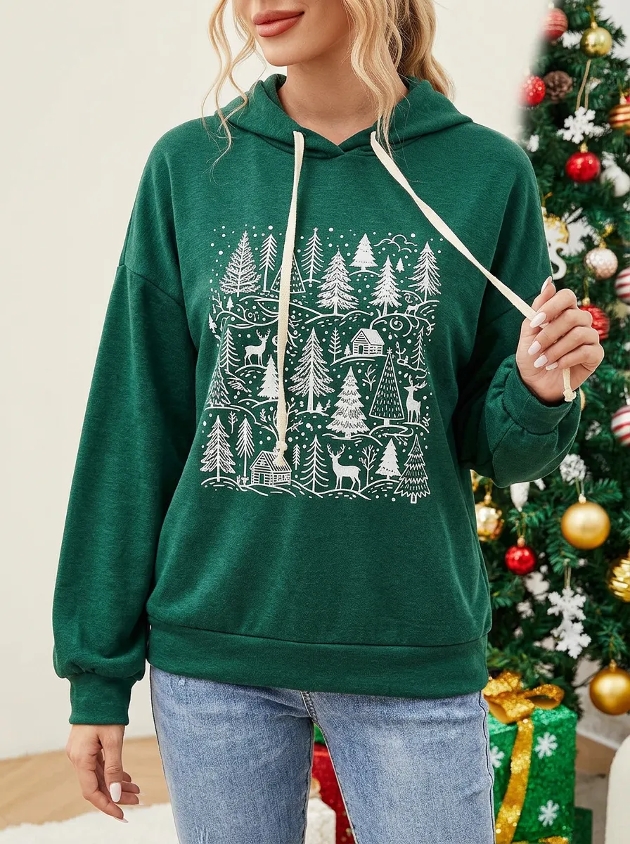 Women's Christmas Woodland Deer Drop-Shoulder Hoodie