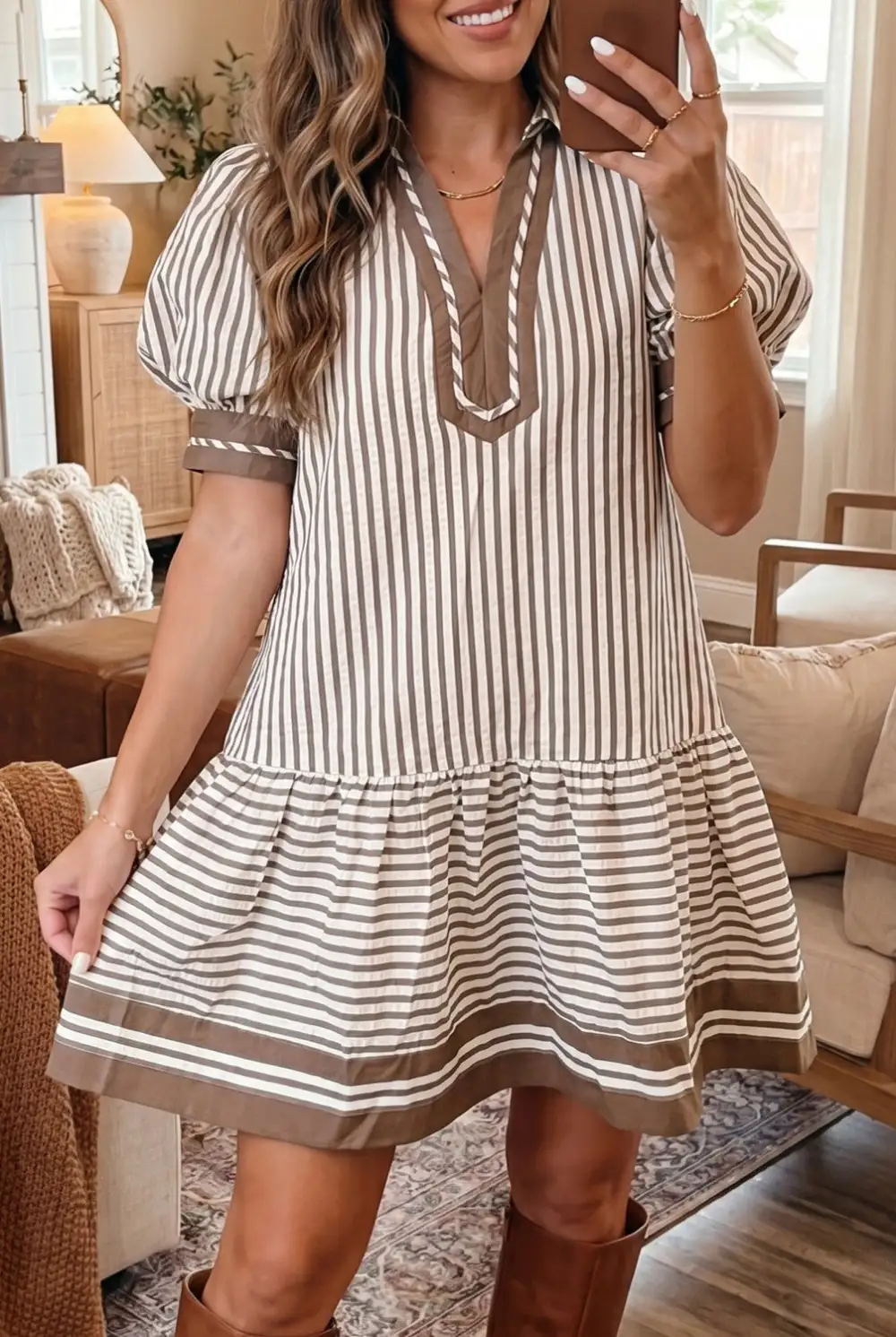 Striped Collared Patchwork Trim Mini Dress
