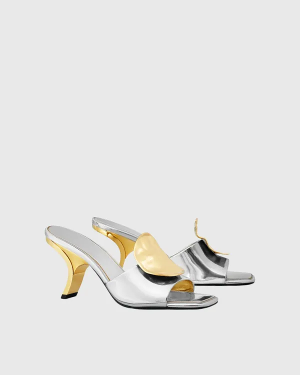 Metal Coin Asymmetrical Slippers in Silver