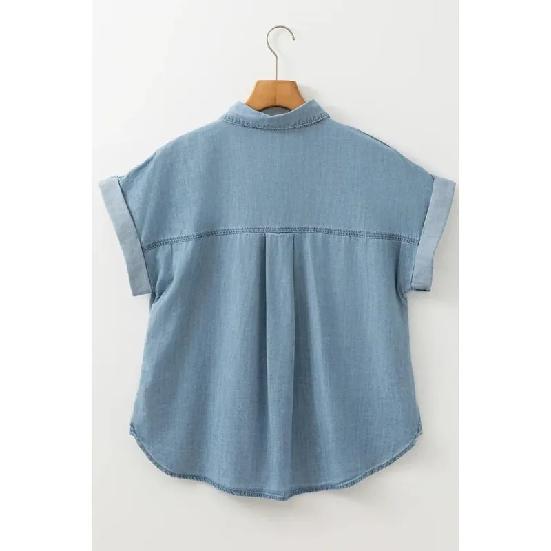 Folded Short-Sleeve Patched Pocket Denim Shirt