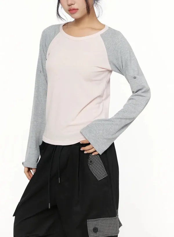 Raglan Two-Tone Roll-Up Sleeve Top