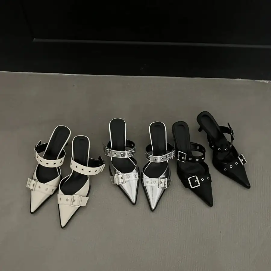 Point Toe Flare Heel Buckle Sandals