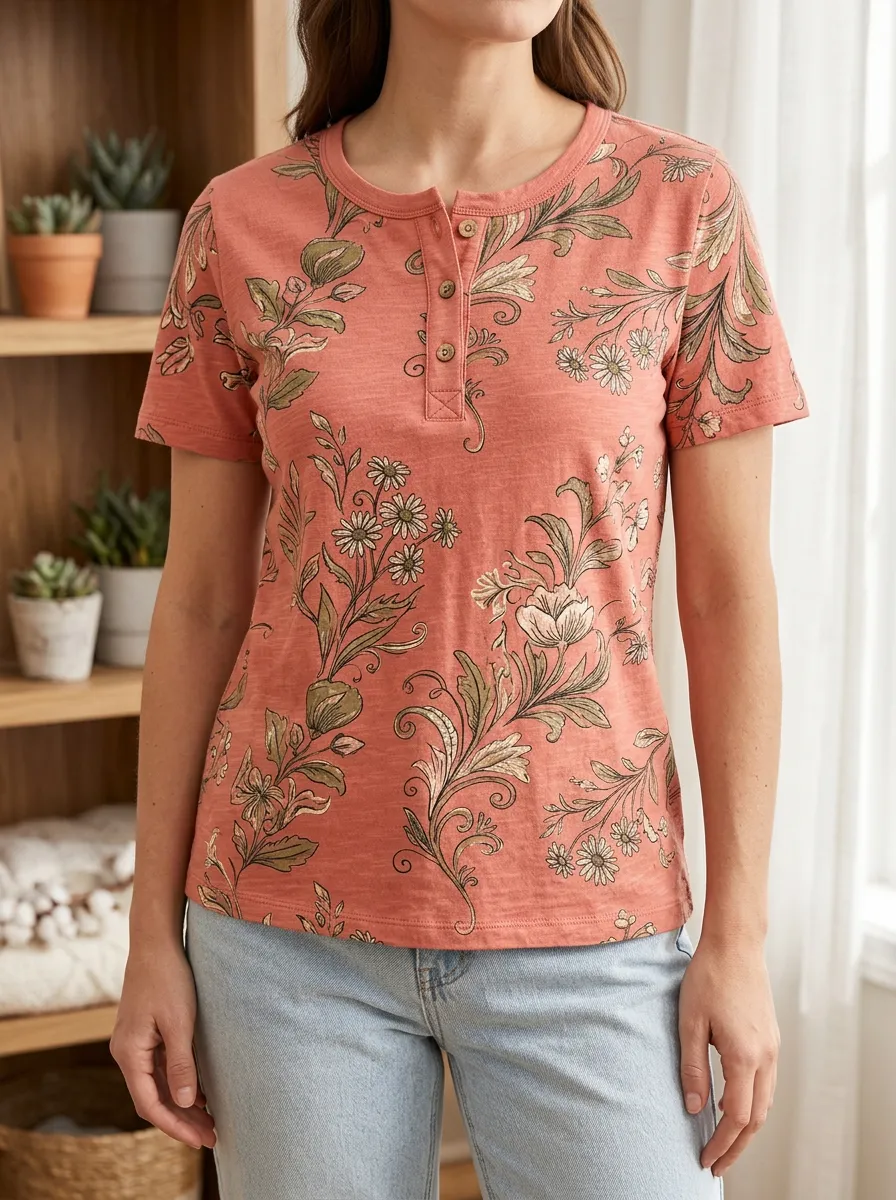 Women's Classic Floral Botanical Print Neck Henley T-Shirt
