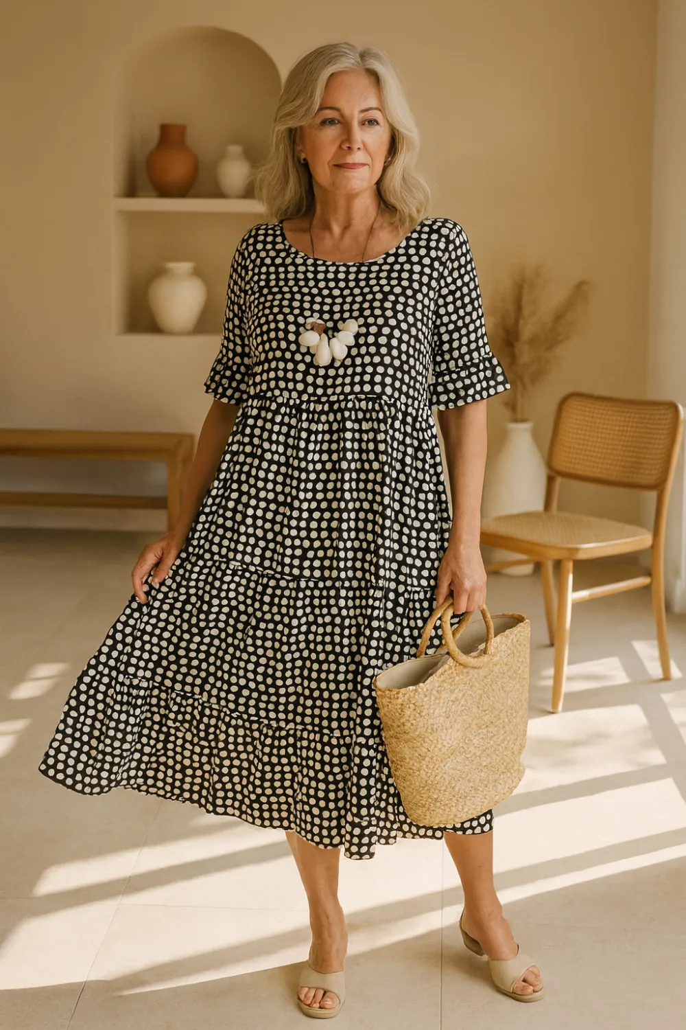  Short Sleeve Polka Dot Midi Dress