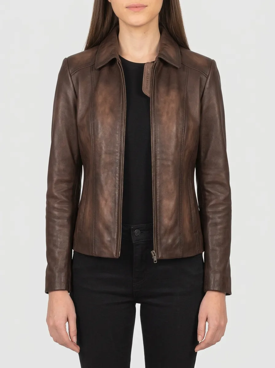 Vintage Distressed Leather-Look Zip-Up Jacket