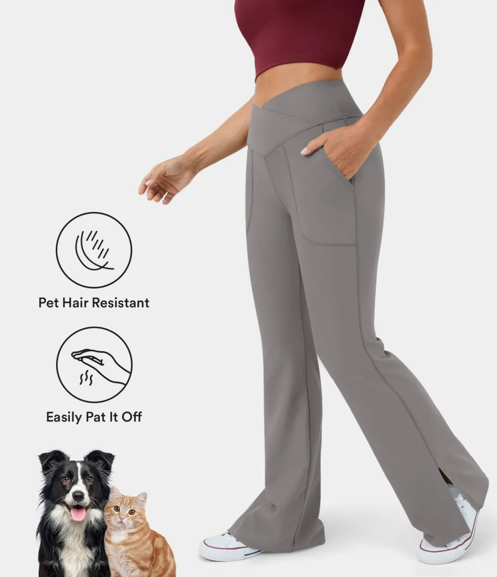 Patitoff Flow Pet Hair Resistant Crossover Pocket Split Hem Yoga Flare Leggings-Smile