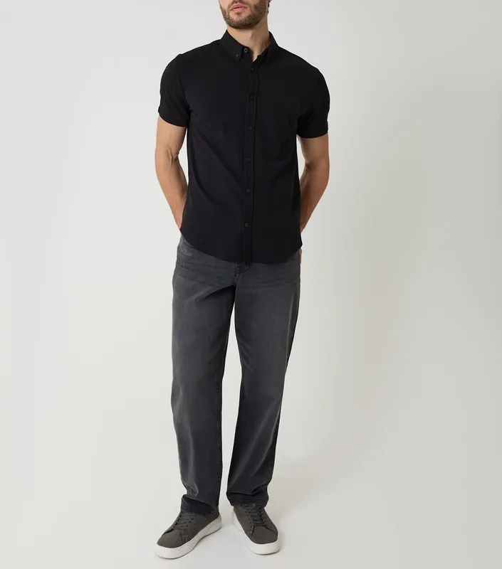Black Textured Knit Short-Sleeve Shirt