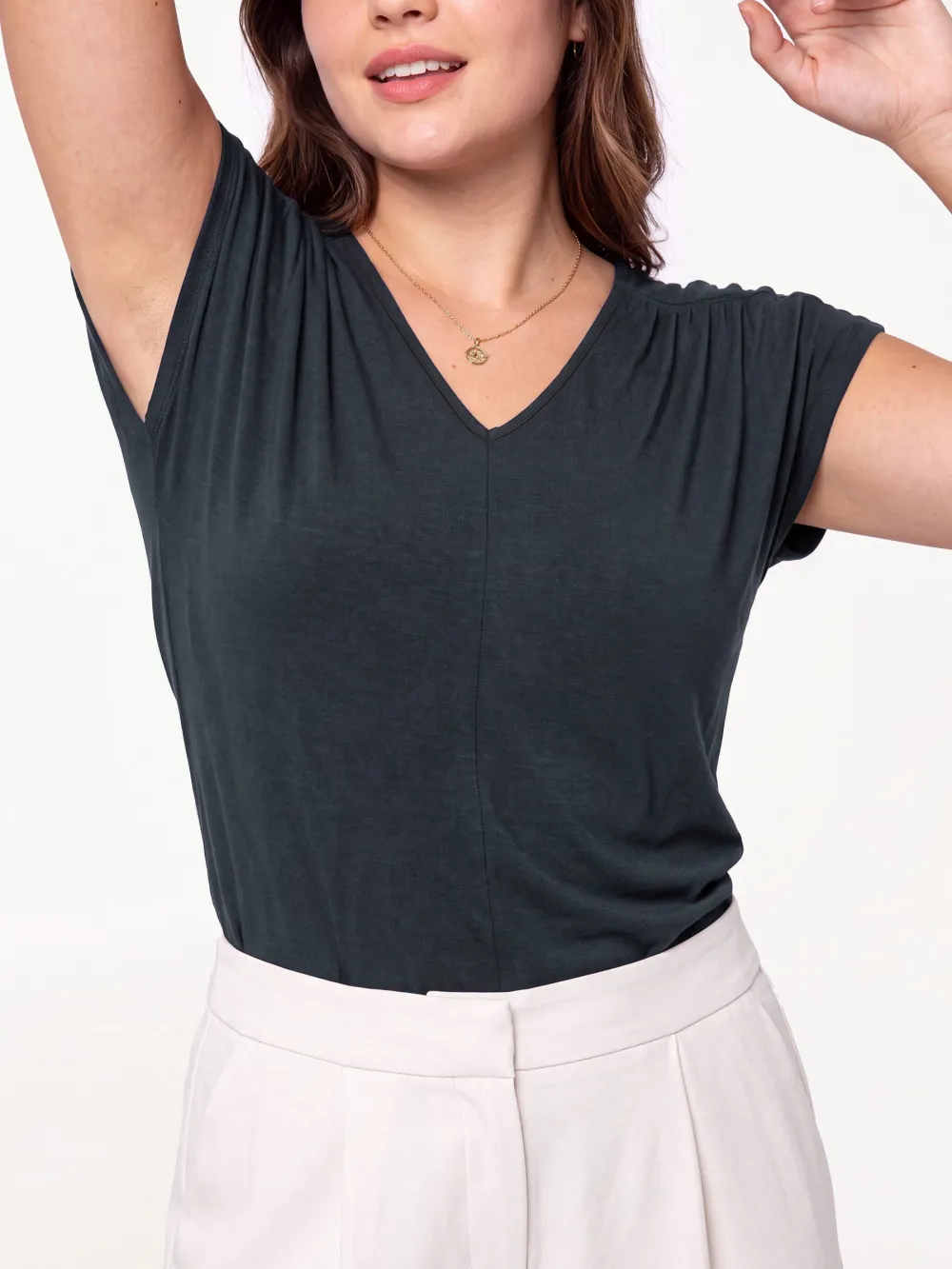 Modal Relaxed V-Neck Gathered Shoulder Top