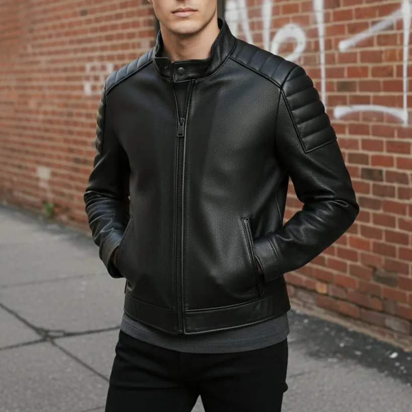 Classic Leather Biker Motorcycle Pebbled Jacket