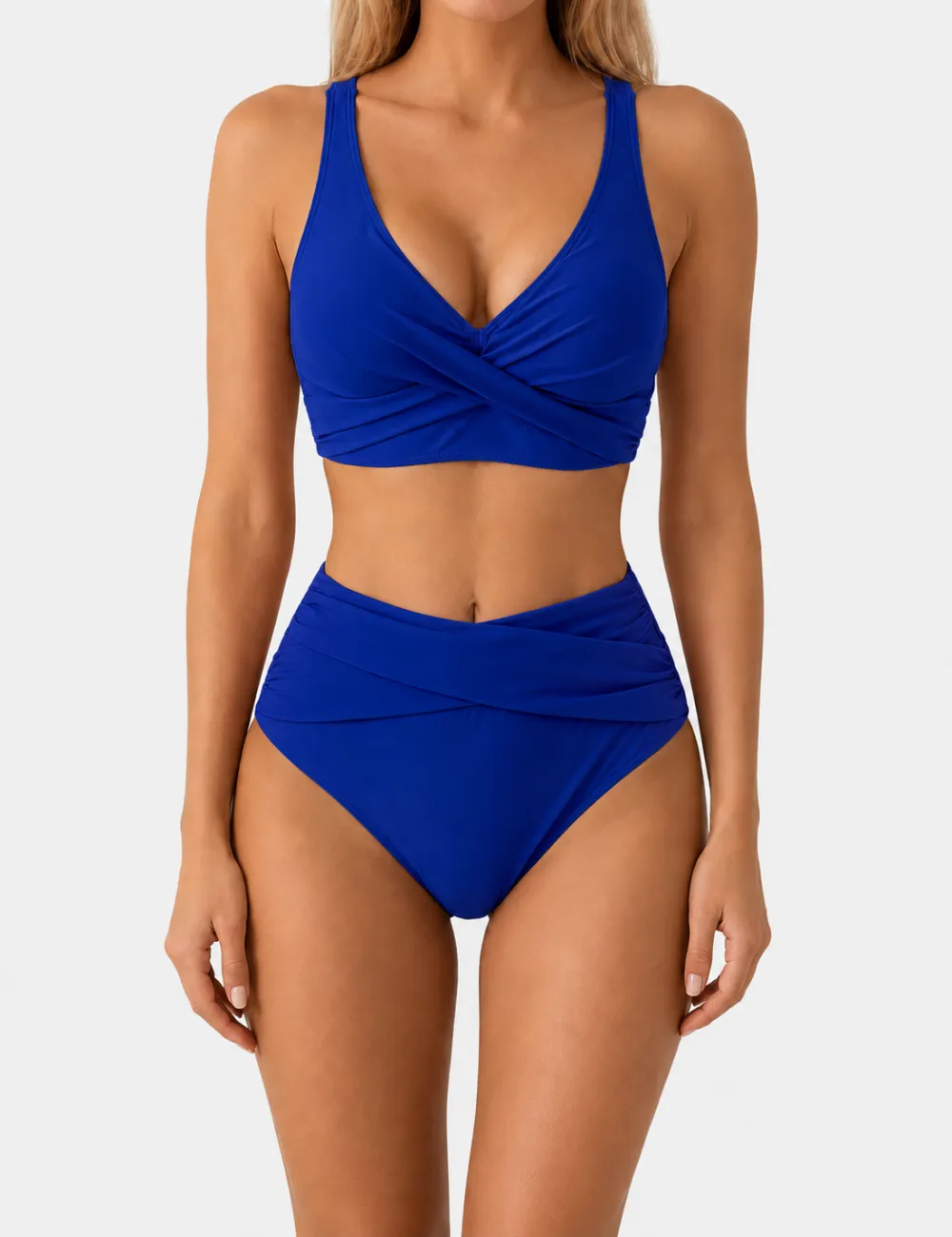 Twist Front V Neck High Waisted Bikini Set