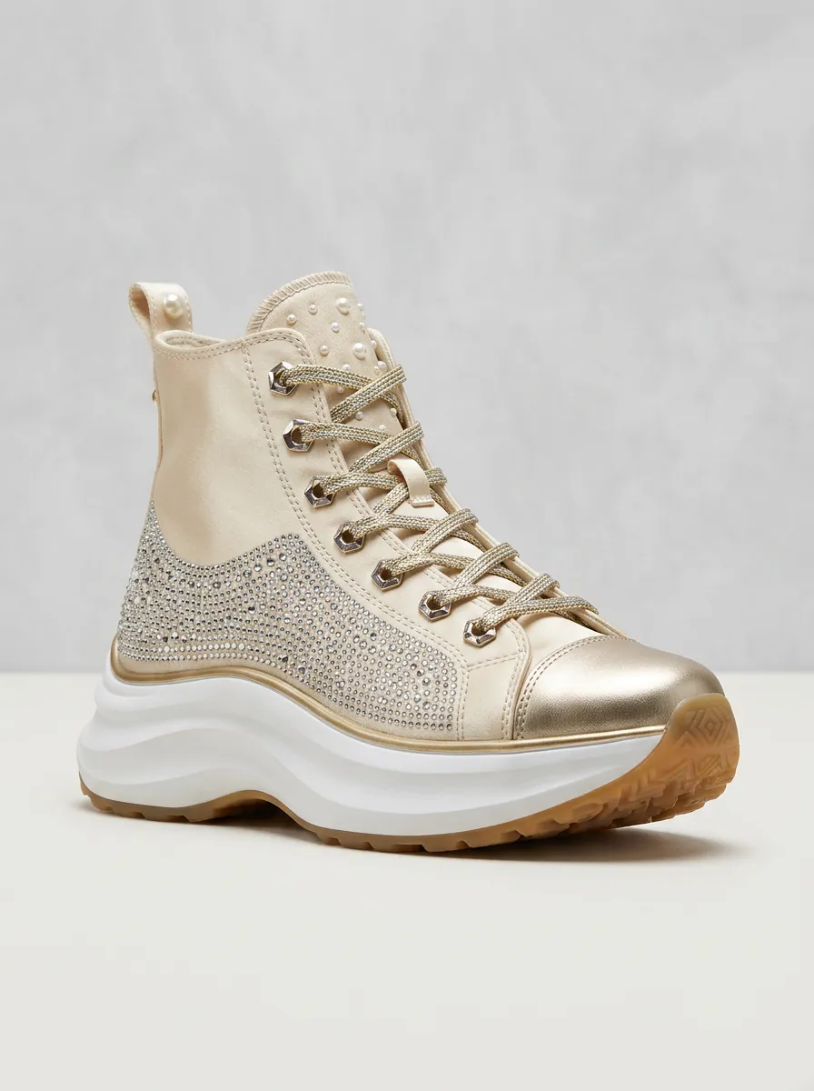Pearl Lace-Detail Lace-Up High-Top Women's Rhinestone Platform Shoes