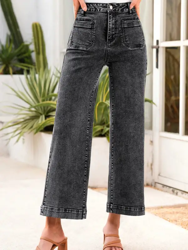 Textured High Waist Wide Leg Washed Denim Jeans