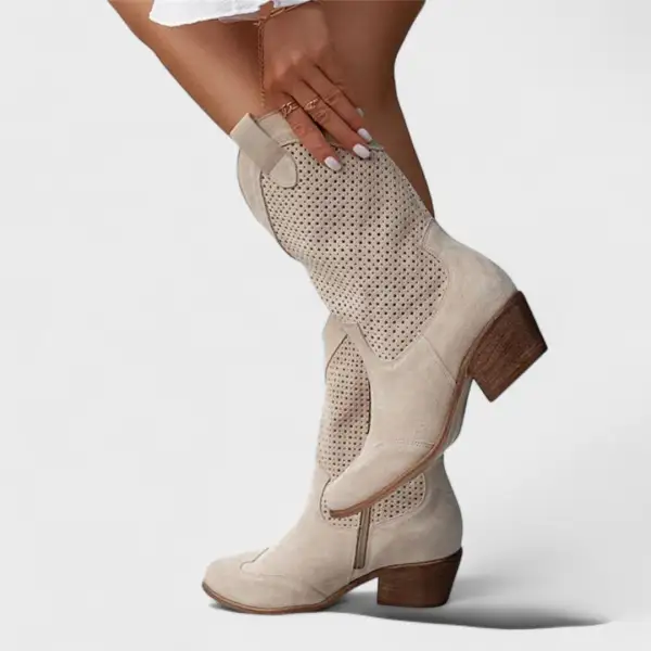 Leather Suede Block Heel Knee High Boots