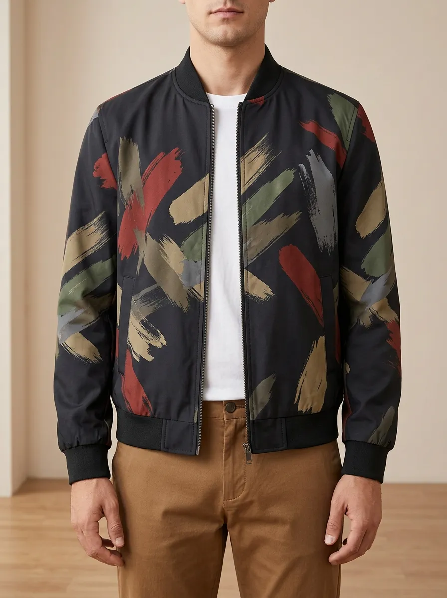 Brushstroke Print Welt Pockets Bomber Jacket