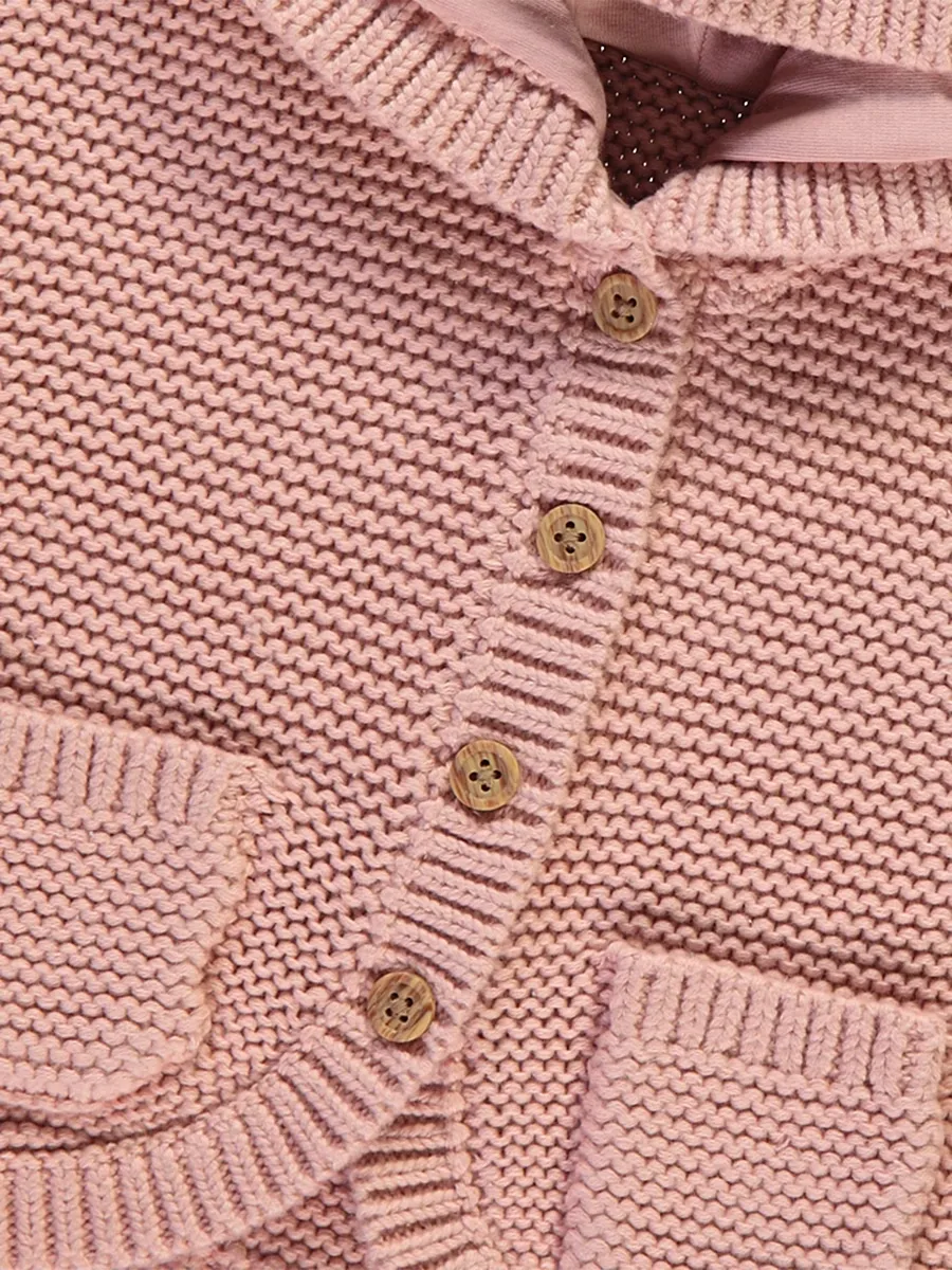 Pink Knitted 3D Ear Hooded Cardigan