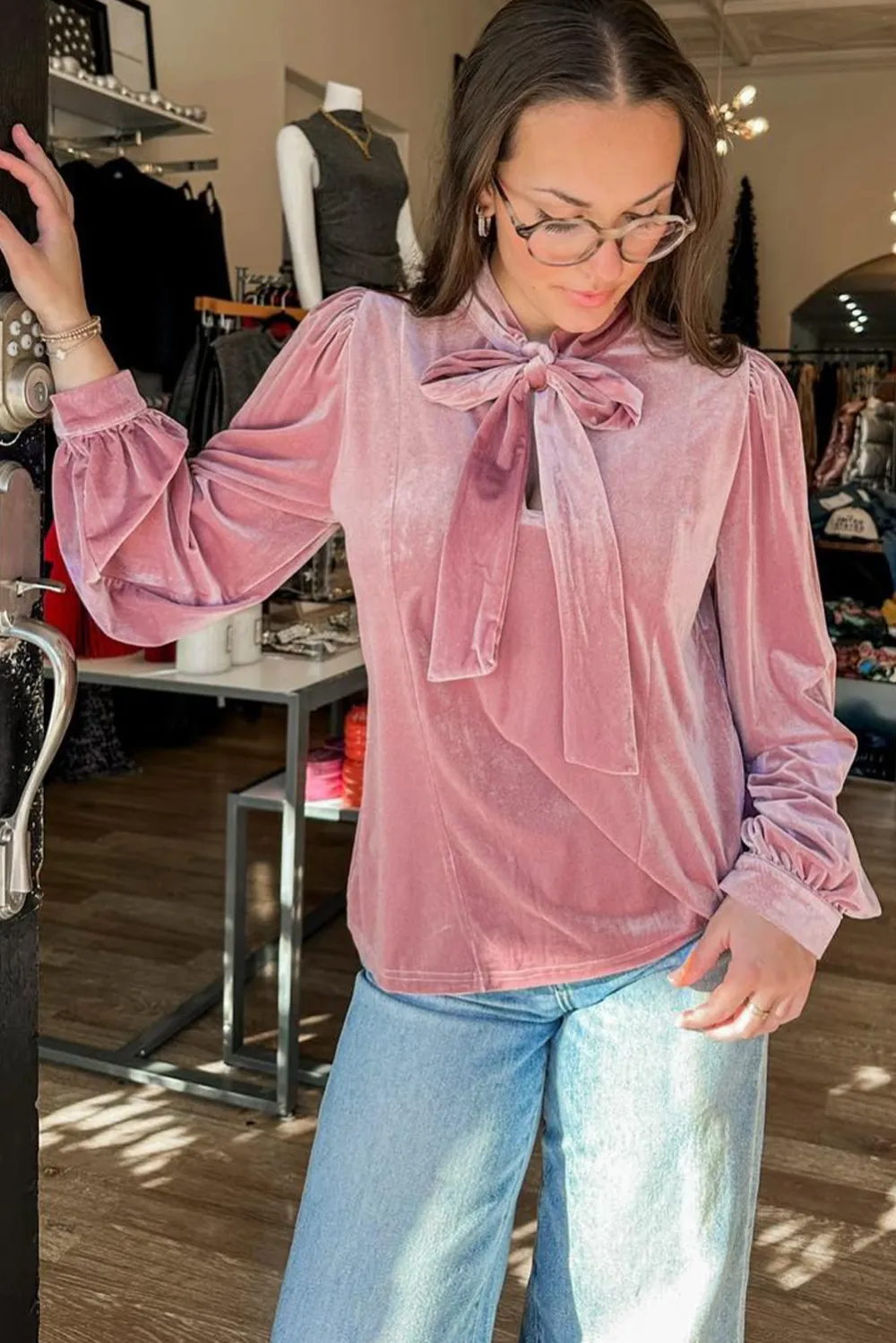 Fushia Velvet Ribbon Bow Knot Blouse