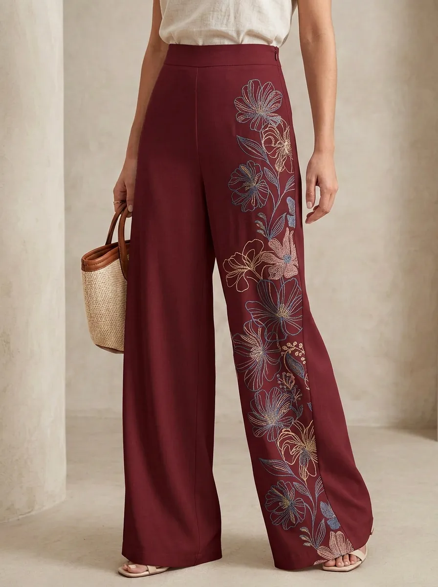 Women's Floral Botanical Side Patterned High-Waisted Wide-Leg Pants