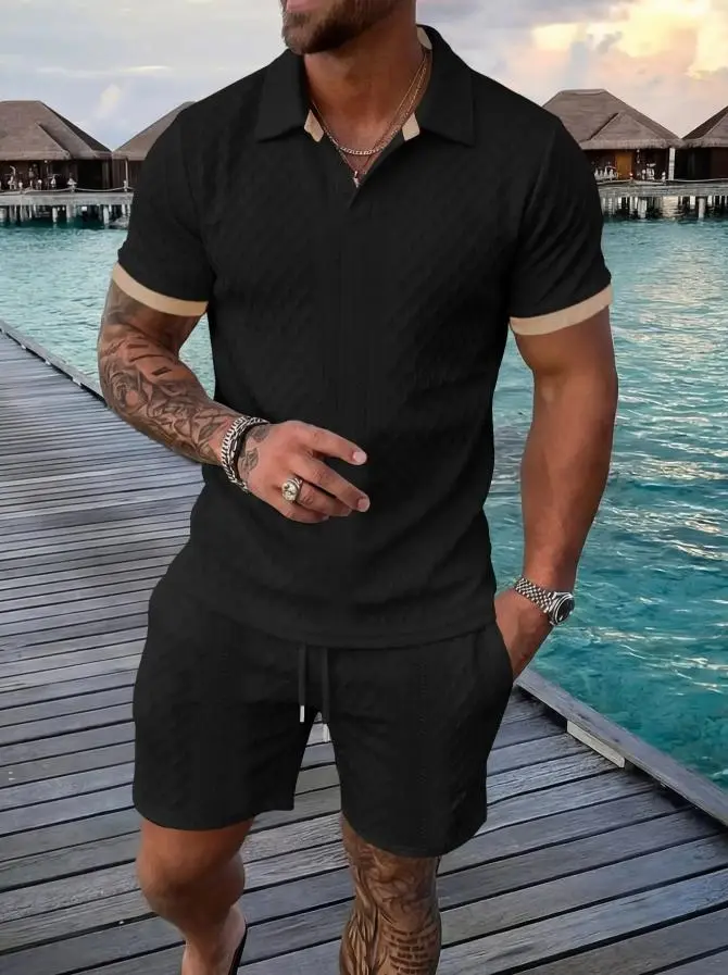 Men's Colorblock Polo Shirt & Drawstring Shorts Set, Textured Knit Short Sleeve, Casual Daily Wear, Summer Tropical Fashion Choice, Menswear, Clothes