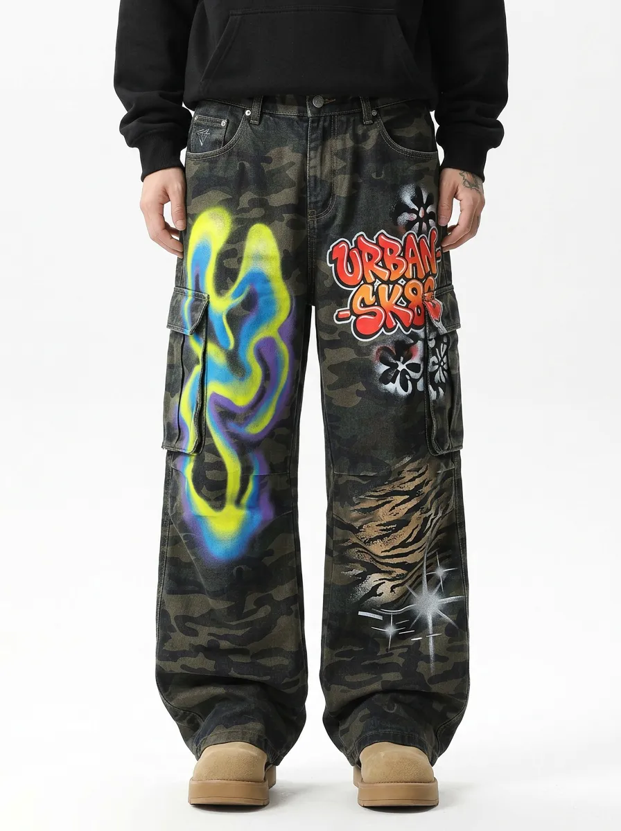 Men's Streetwear Urban Sk8 Graffiti Camo Graphic Cargo Jeans