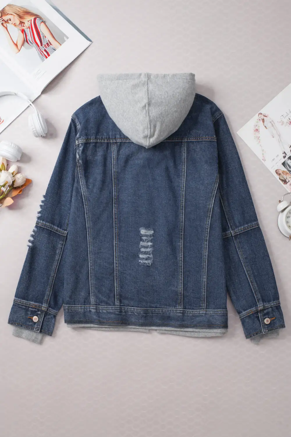 Women's Layered Hooded Zip Up Denim Jacket