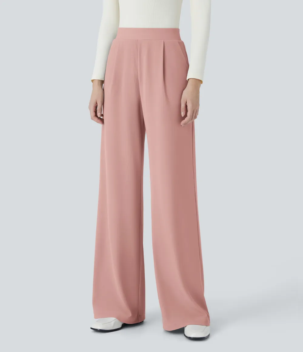  High Waisted Body Sculpt Waist-Slimming Side Pocket Wide Leg Micro Waffle Work Pants