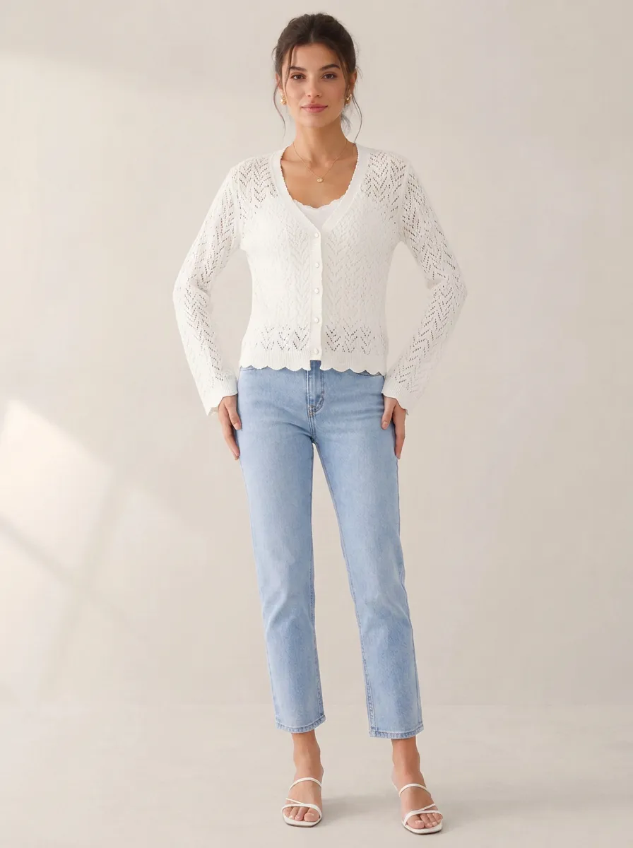 Women's Casual Elegant White Crochet Knitted Cardigan Top