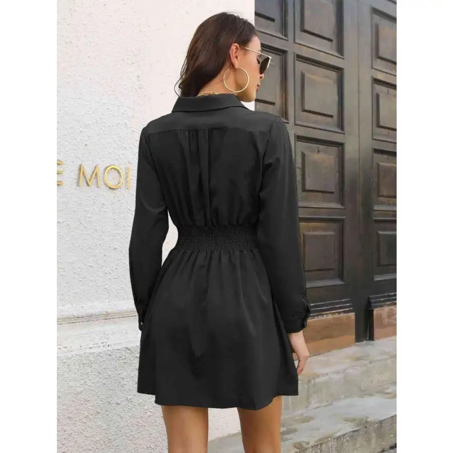 Johnny Collar Smocked Waist Long Sleeve Mini Dress